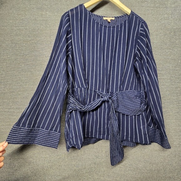Gibson Latimer Tops - Gibson Latimer Navy Blue White Striped Tie Waist‎ Bell Sleeve Blouse LA1199LYW L